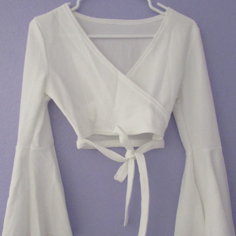 Bell Sleeve Self-Tie Crop Top